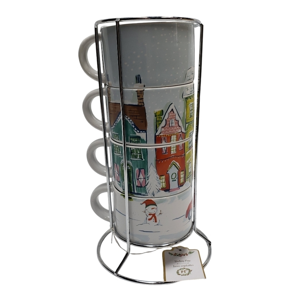 Pier 1 Stacking Christmas Village Winter Stoneware Mugs Set of 4 Metal S…